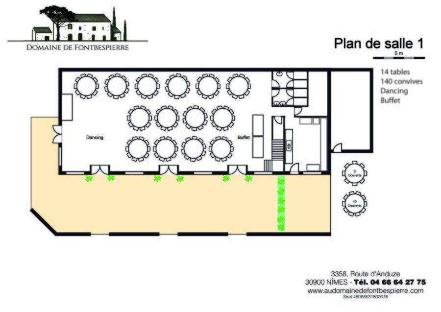 Plan de salle 1 du Domaine de Fontbespierre : 14 tables, 140 convives